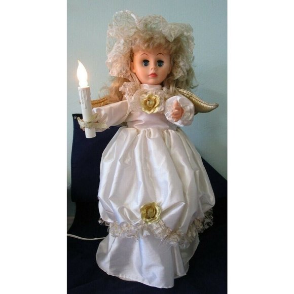 Animated Christmas Angel Doll 24" White Gold Lace Mantilla Trim Roses Candle IOB - Picture 4 of 12